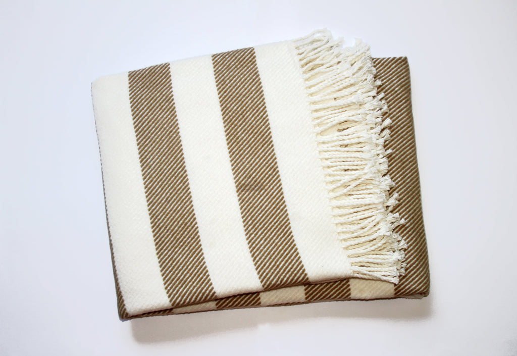 Cream and Stone Slanted Stripe Fringed Throw Blanket - Home Decor