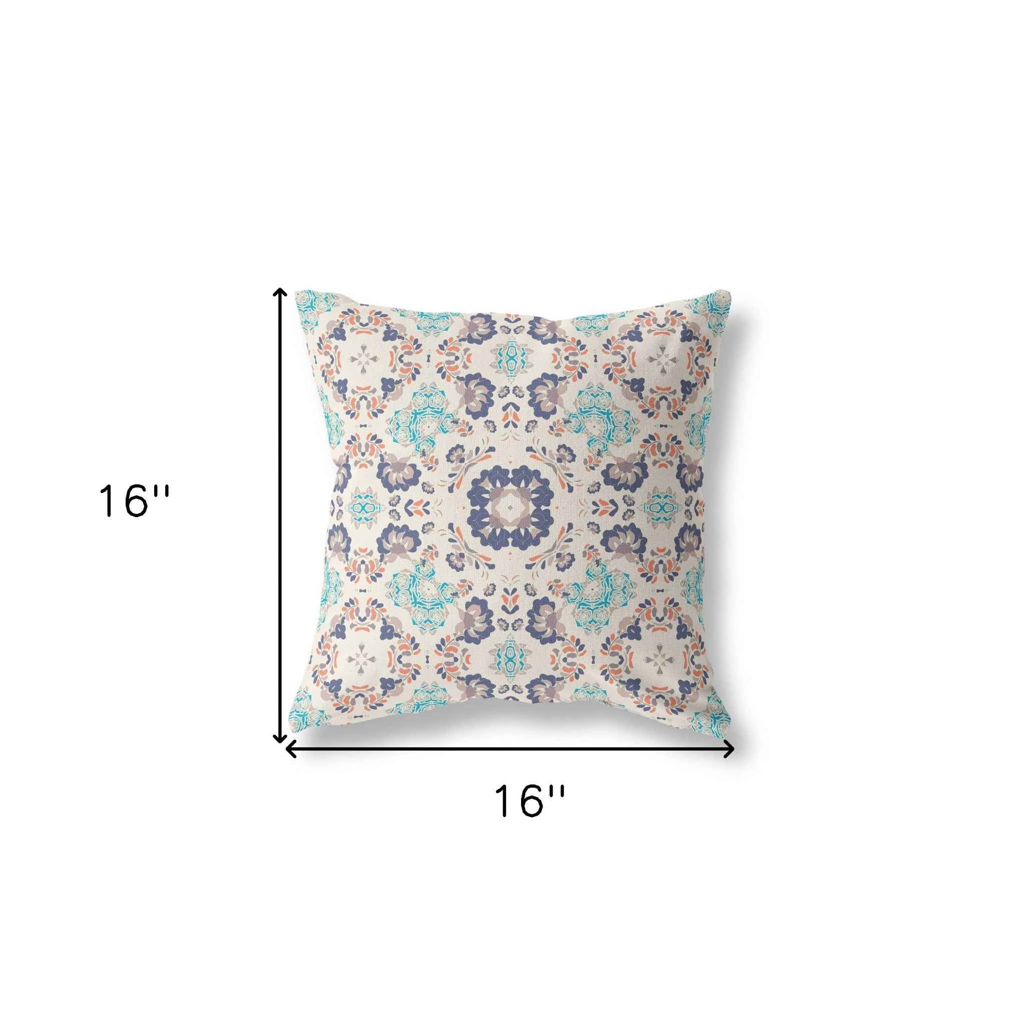 16" X 16" Off White And Blue Floral Blown Seam Suede Throw Pillow
