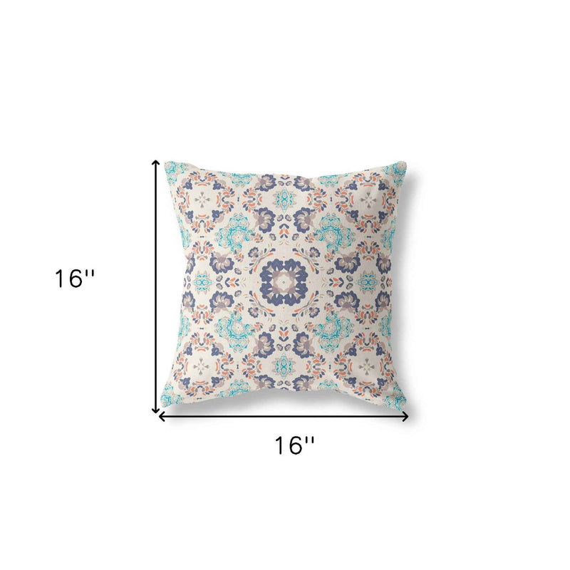 16" X 16" Off White And Blue Floral Blown Seam Suede Throw Pillow