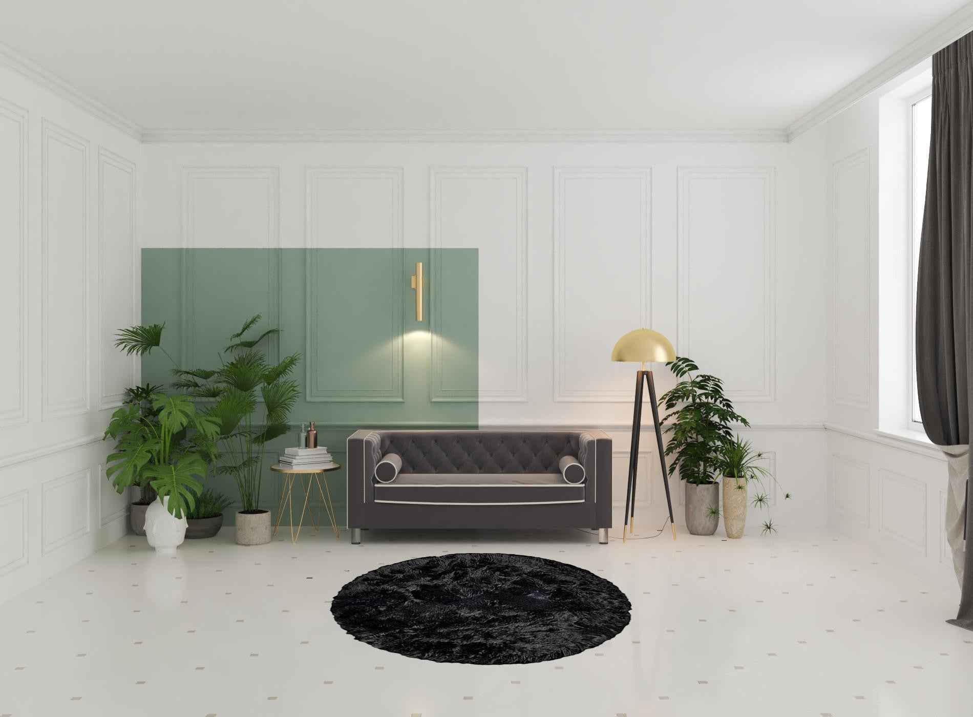 6' X 6' Black Round Faux Fur Washable Non Skid Area Rug