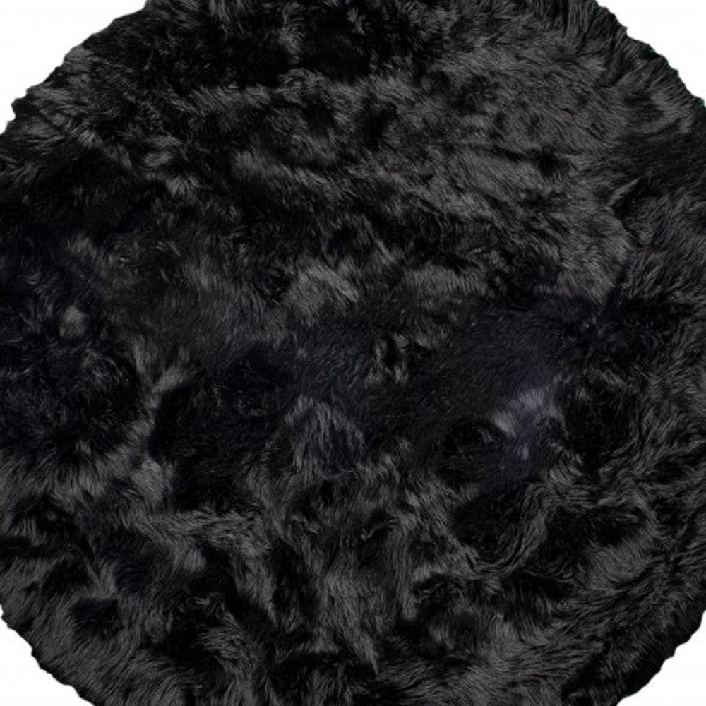 6' X 6' Black Round Faux Fur Washable Non Skid Area Rug - Home Decor