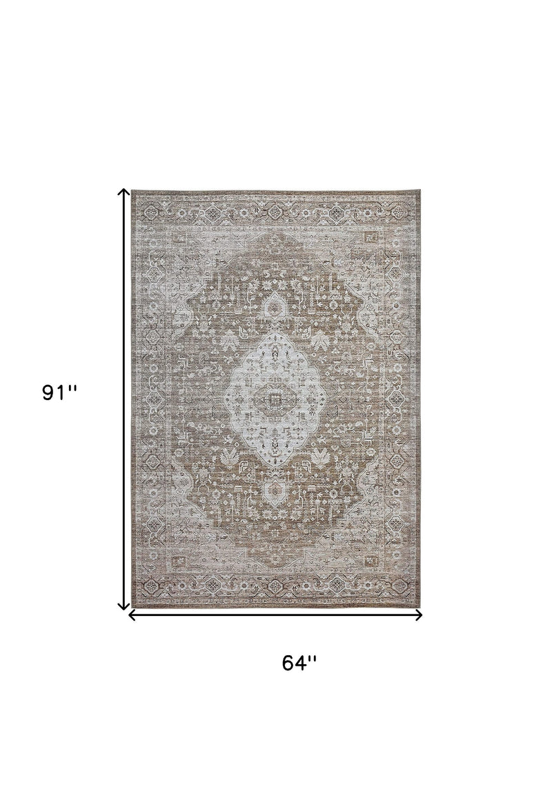 5' X 8' Beige Oriental Power Loom Distressed Stain Resistant Area Rug