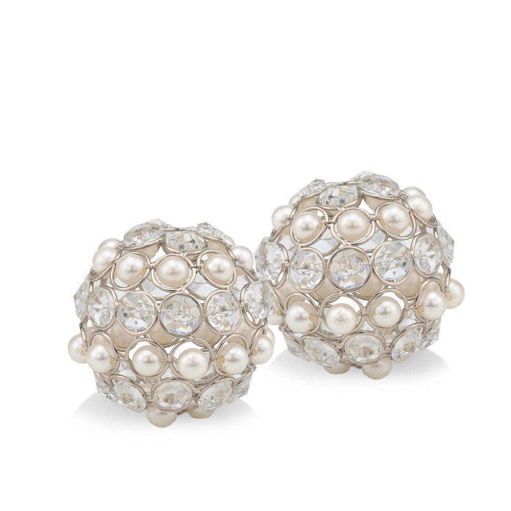 Set of Two Silver and Clear Faux Crystal and Pearl Decorative Orbs - Home Decor