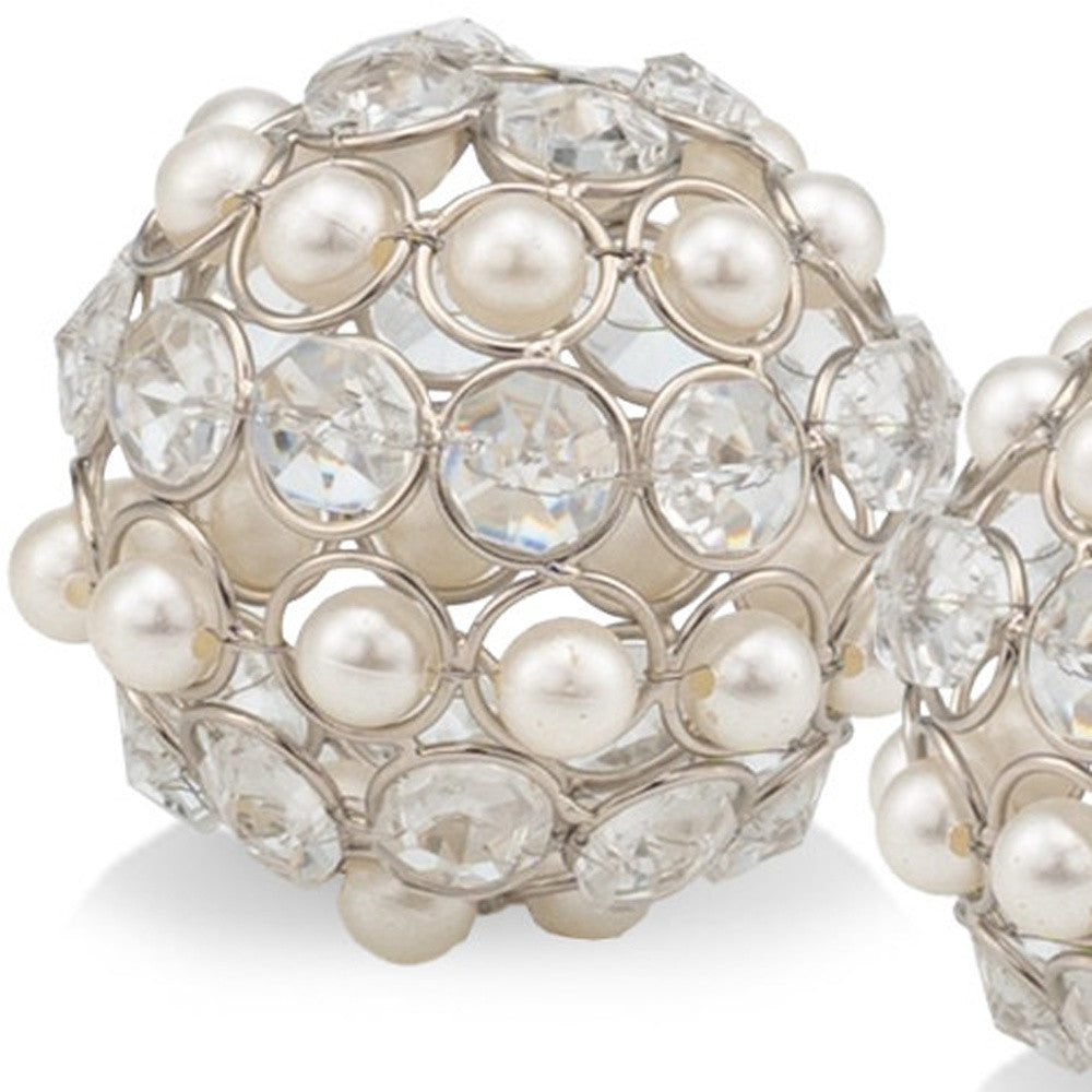 Set of Two Silver and Clear Faux Crystal and Pearl Decorative Orbs - Home Decor