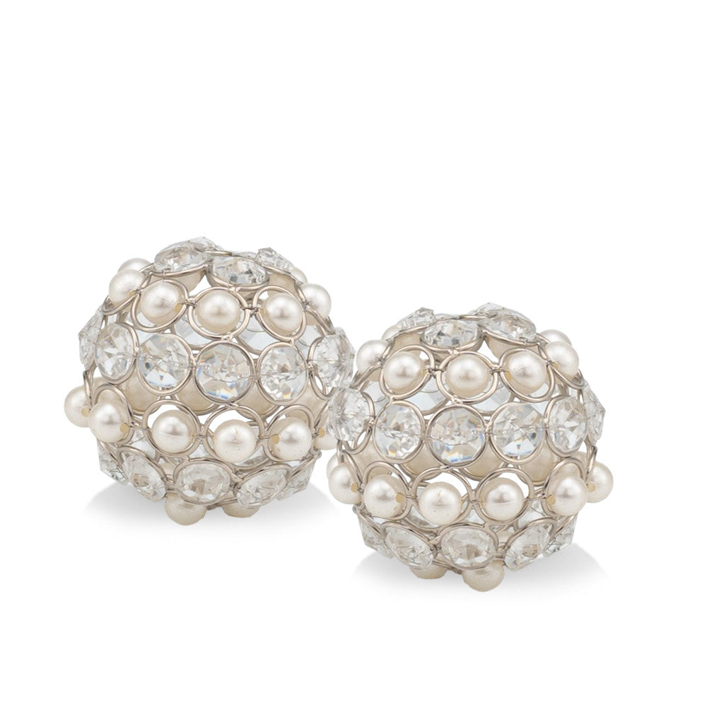 Set of Two Silver and Clear Faux Crystal and Pearl Decorative Orbs - Home Decor