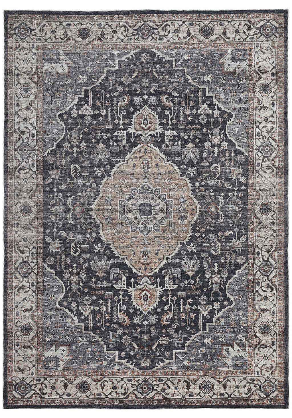 4' X 6' Black Oriental Power Loom Stain Resistant Area Rug