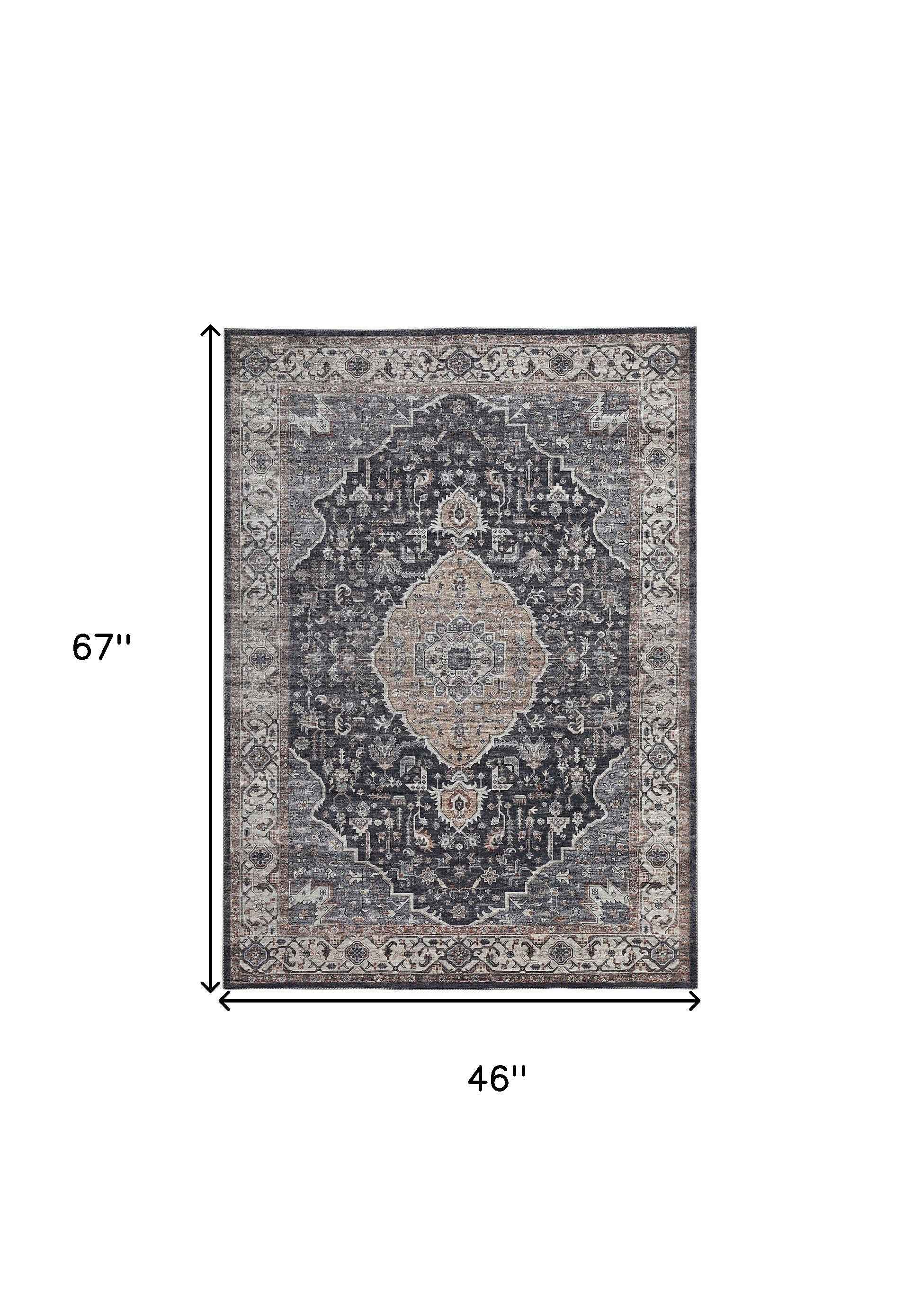4' X 6' Black Oriental Power Loom Stain Resistant Area Rug