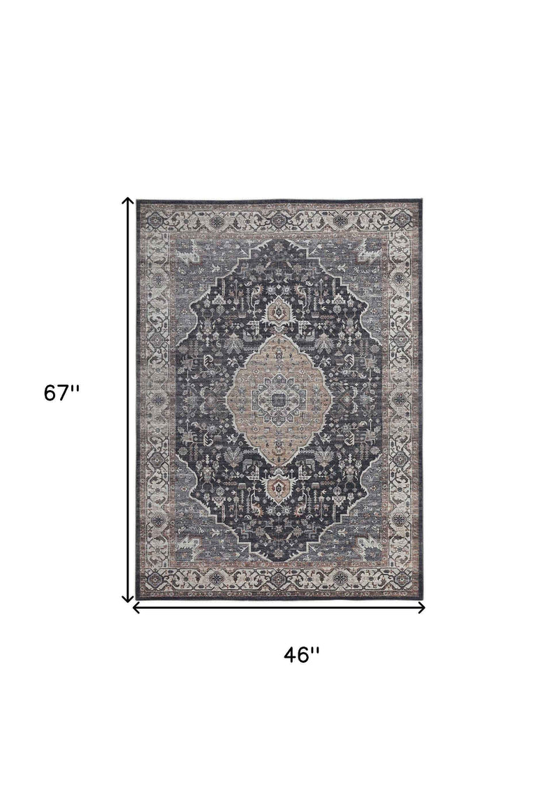 4' X 6' Black Oriental Power Loom Stain Resistant Area Rug