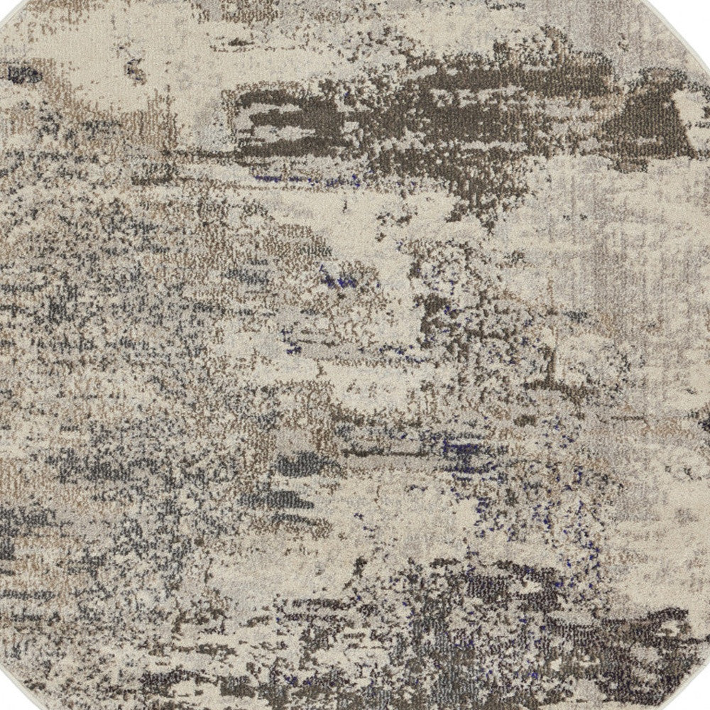 5' X 5' Ivory And Grey Round Abstract Power Loom Non Skid Area Rug - Home Decor