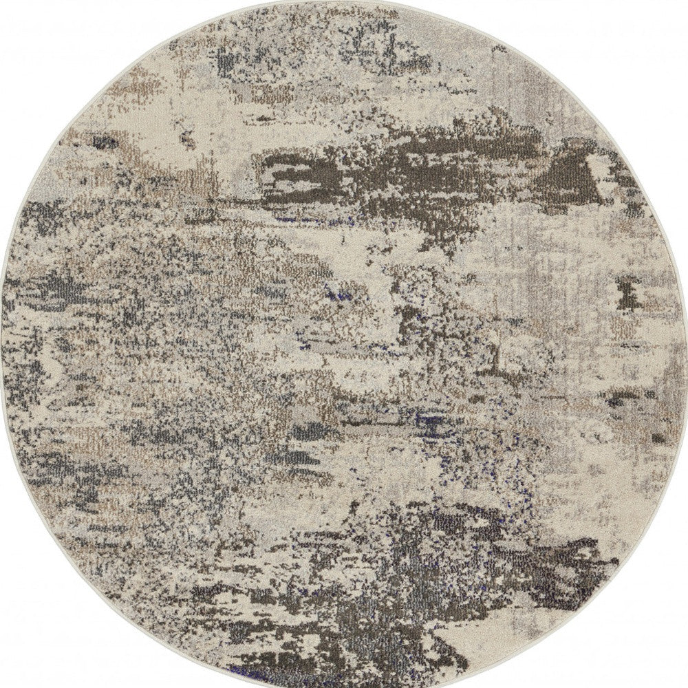 5' X 5' Ivory And Grey Round Abstract Power Loom Non Skid Area Rug - Home Decor