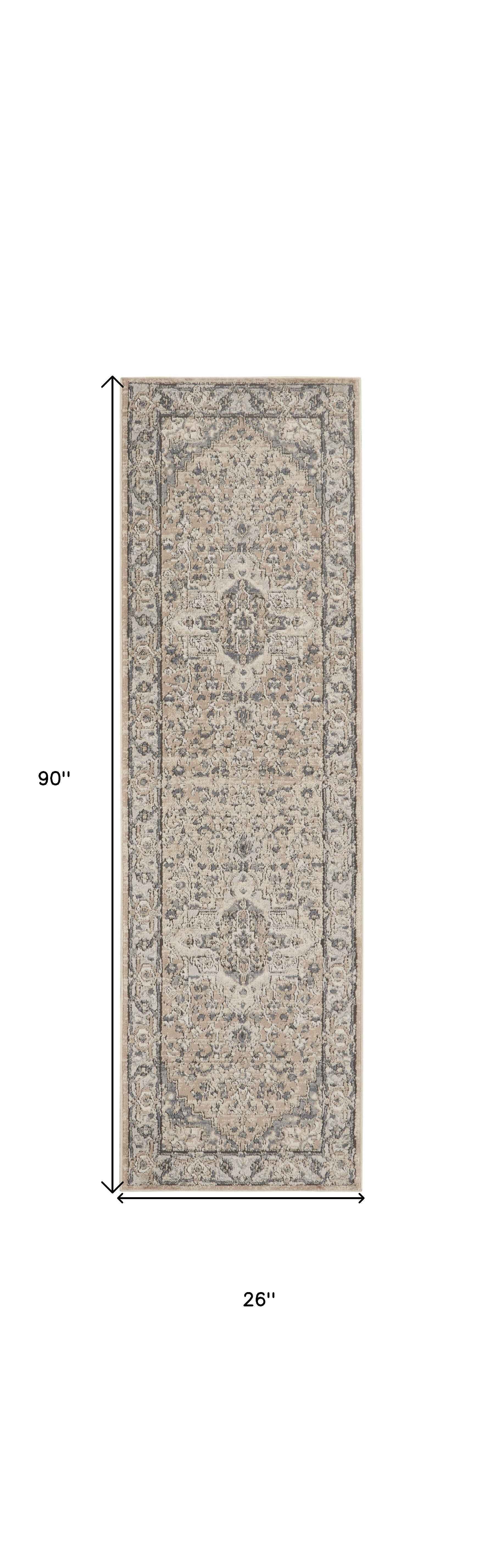 2' X 8' Beige And Grey Oriental Power Loom Non Skid Runner Rug