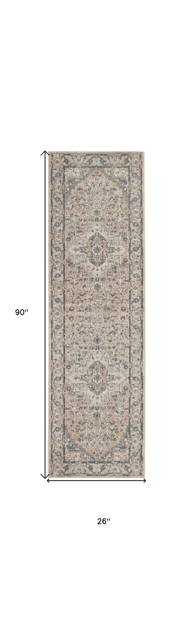 2' X 8' Beige And Grey Oriental Power Loom Non Skid Runner Rug