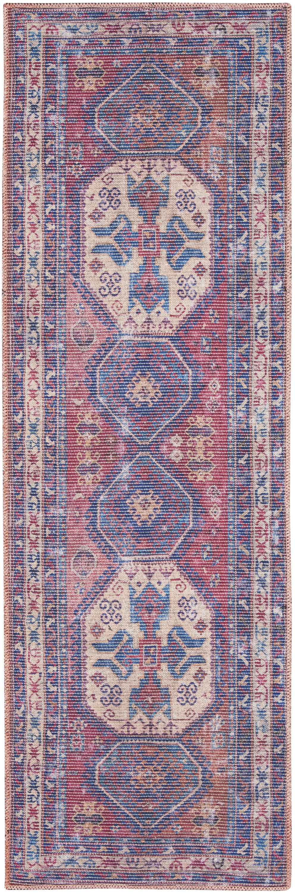 2' X 6' Red And Navy Oriental Power Loom Distressed Washable Runner Rug