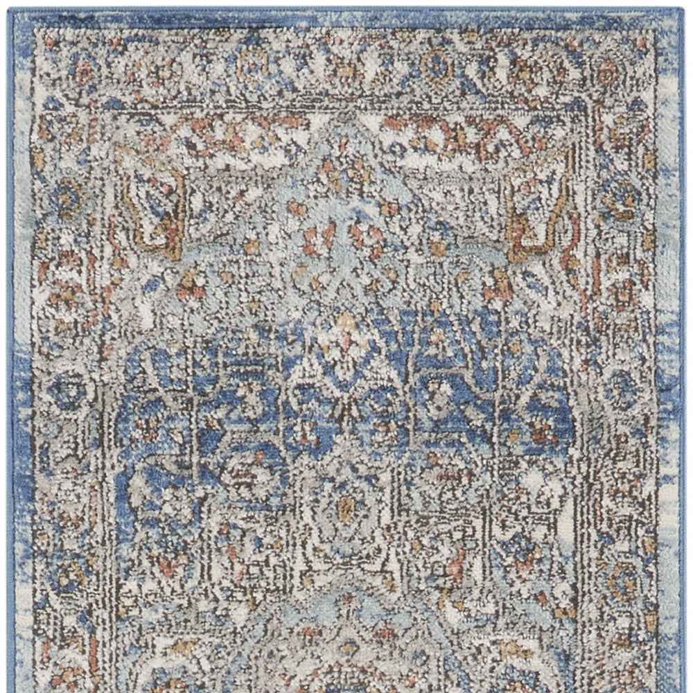 2' X 8' Ivory And Blue Oriental Power Loom Non Skid Runner Rug