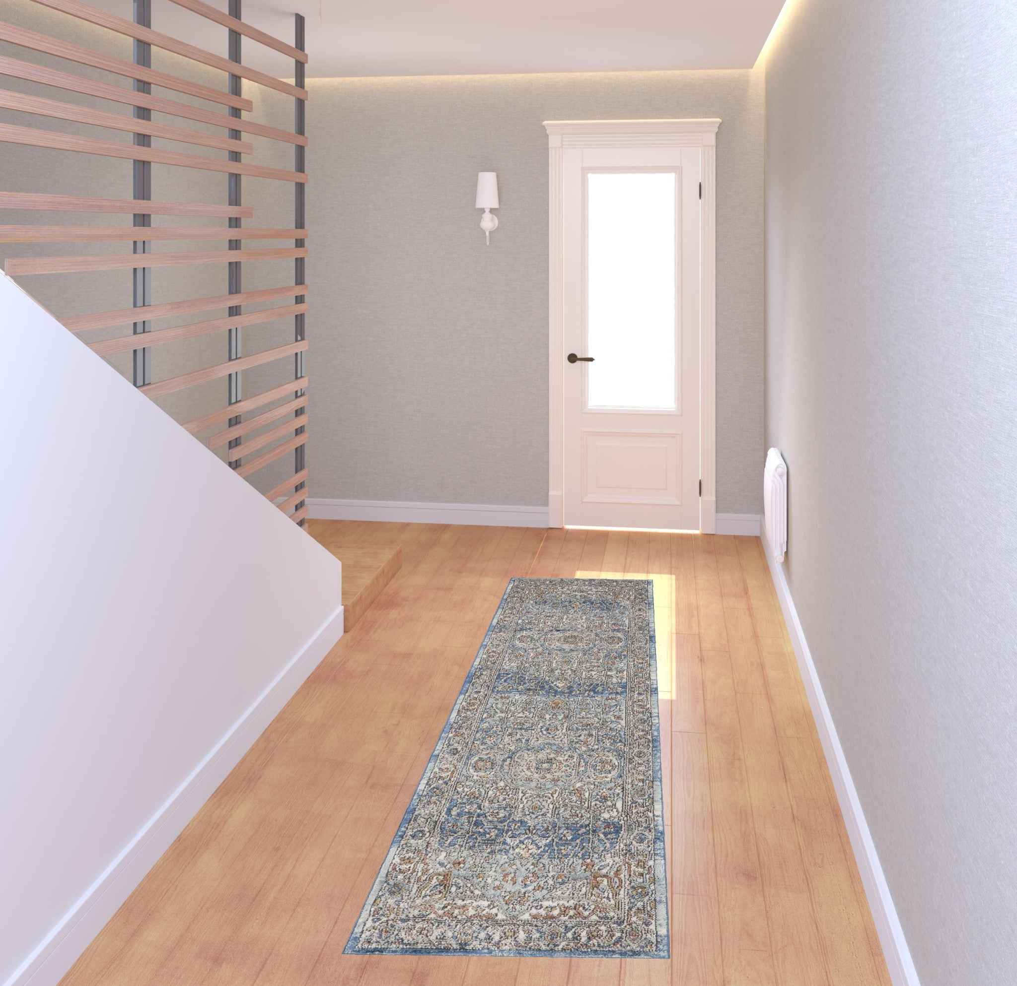 2' X 8' Ivory And Blue Oriental Power Loom Non Skid Runner Rug