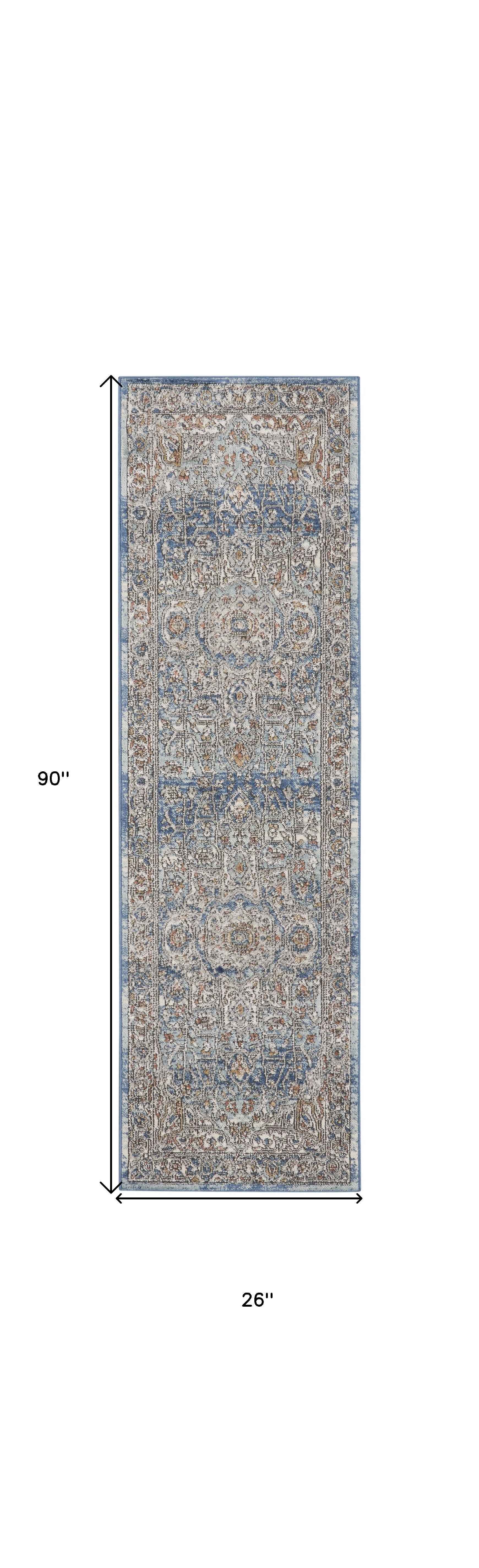 2' X 8' Ivory And Blue Oriental Power Loom Non Skid Runner Rug