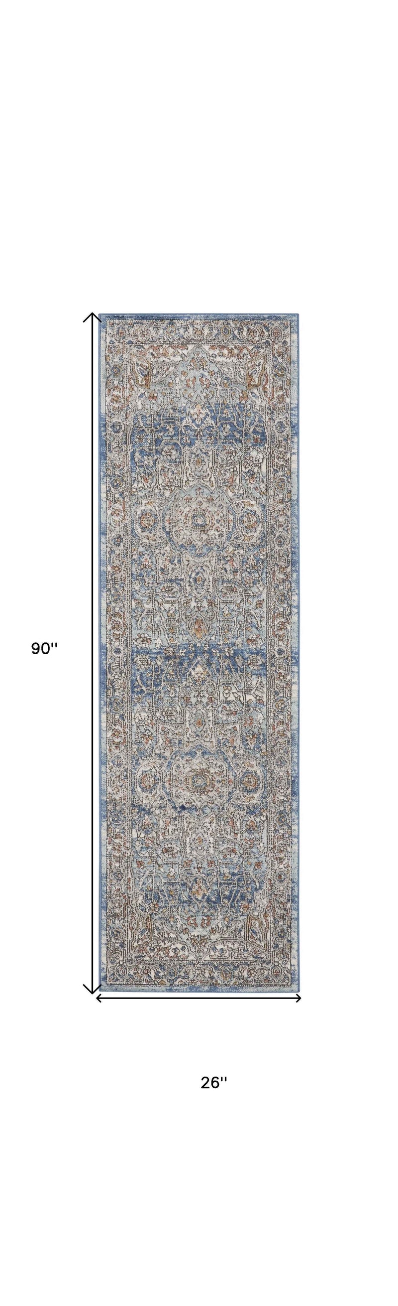 2' X 8' Ivory And Blue Oriental Power Loom Non Skid Runner Rug