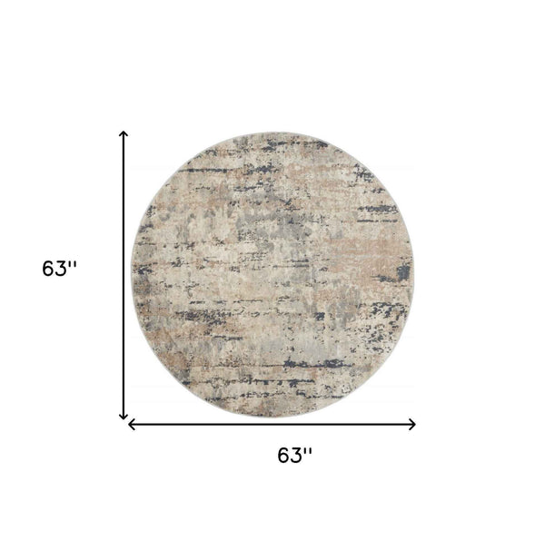 5' X 5' Beige And Grey Round Abstract Power Loom Non Skid Area Rug