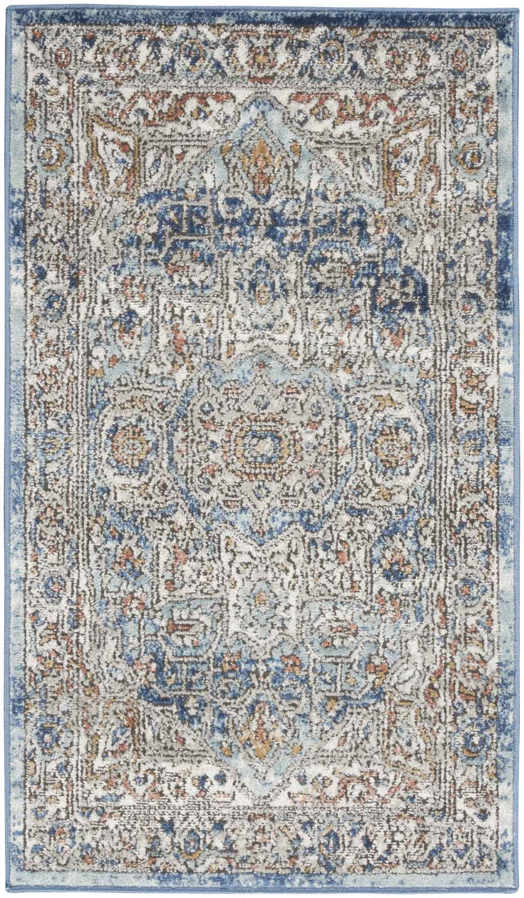 2' X 4' Ivory And Blue Oriental Power Loom Non Skid Area Rug