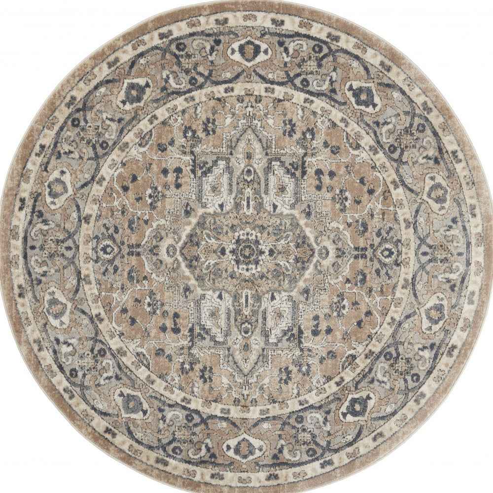 5' X 5' Beige And Grey Round Oriental Power Loom Non Skid Area Rug