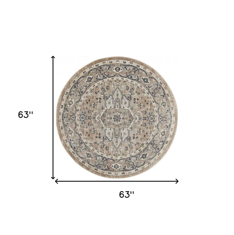 5' X 5' Beige And Grey Round Oriental Power Loom Non Skid Area Rug