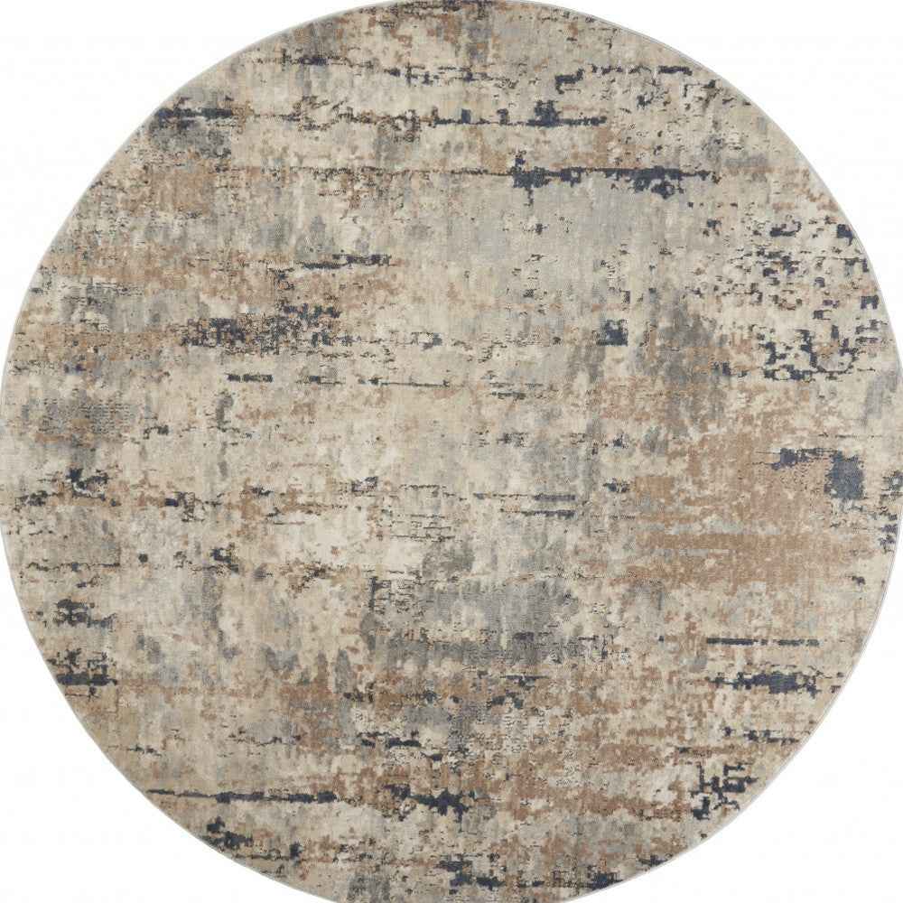 8 X 8' Beige And Grey Round Abstract Power Loom Non Skid Area Rug