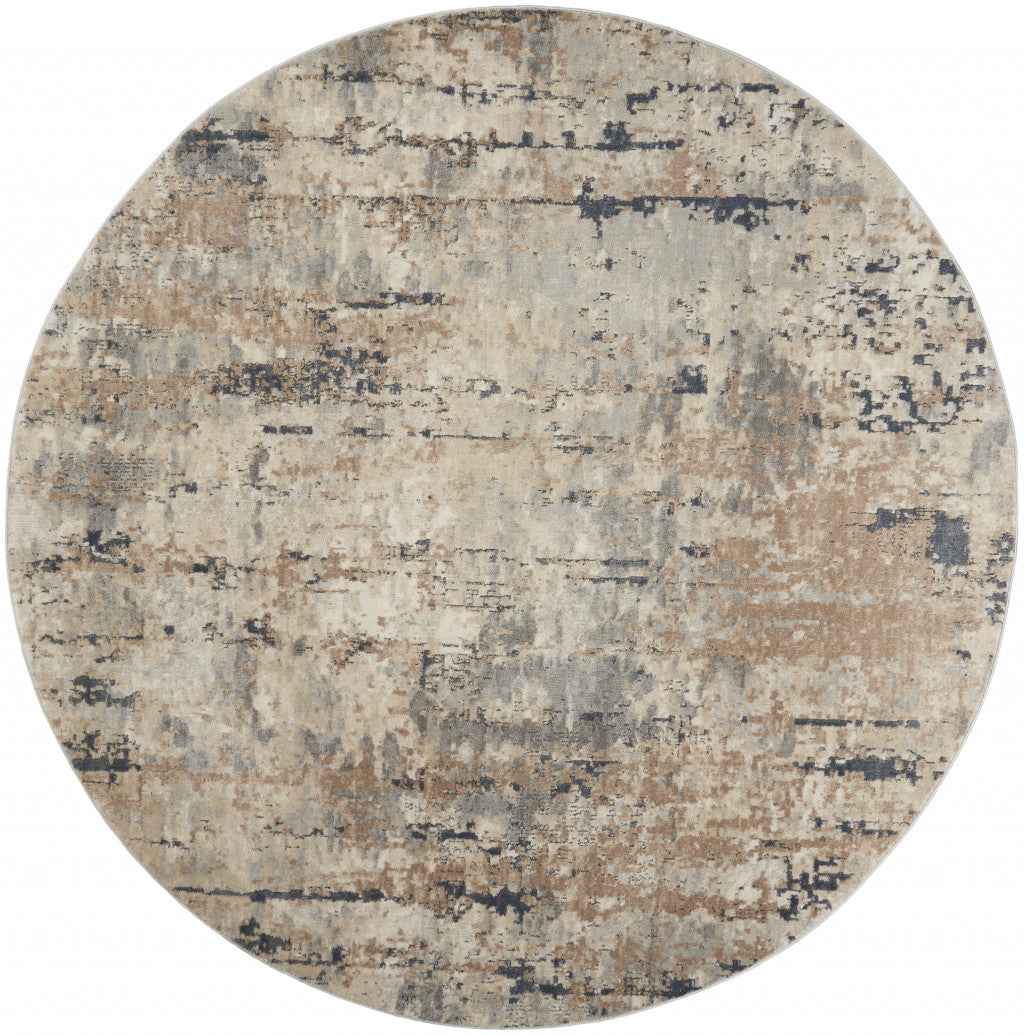 8 X 8' Beige And Grey Round Abstract Power Loom Non Skid Area Rug