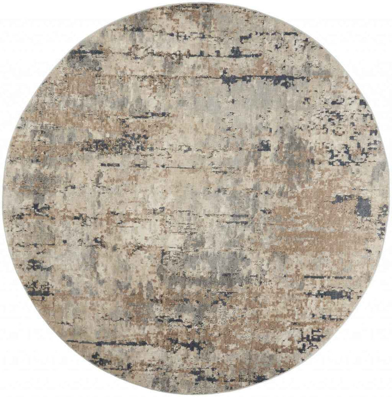 8 X 8' Beige And Grey Round Abstract Power Loom Non Skid Area Rug
