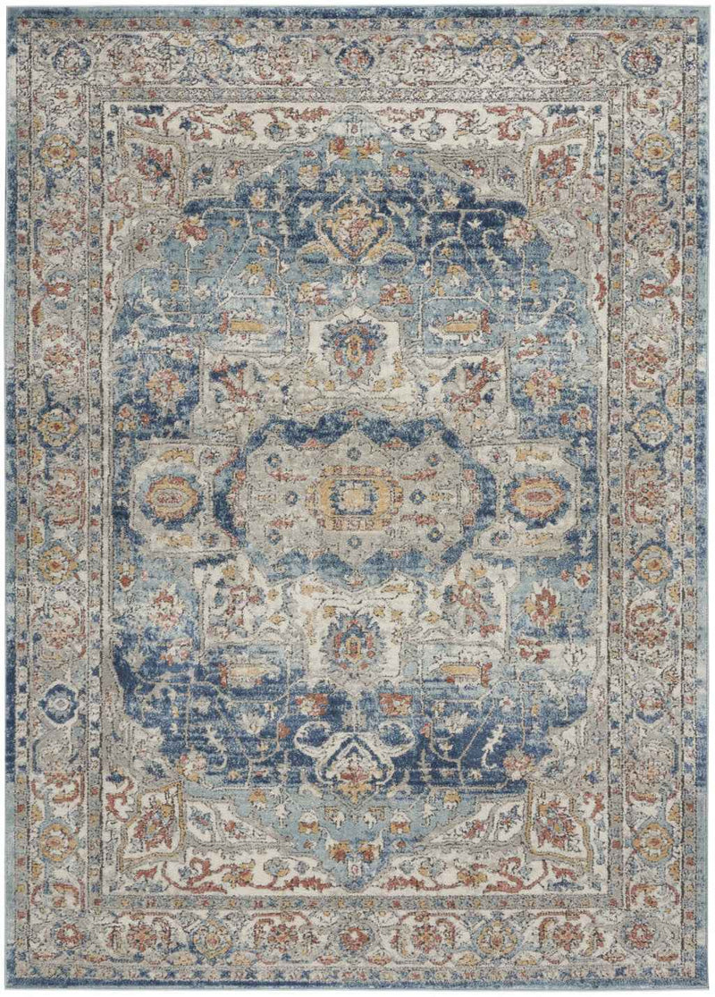 5' X 7' Ivory And Blue Oriental Power Loom Non Skid Area Rug