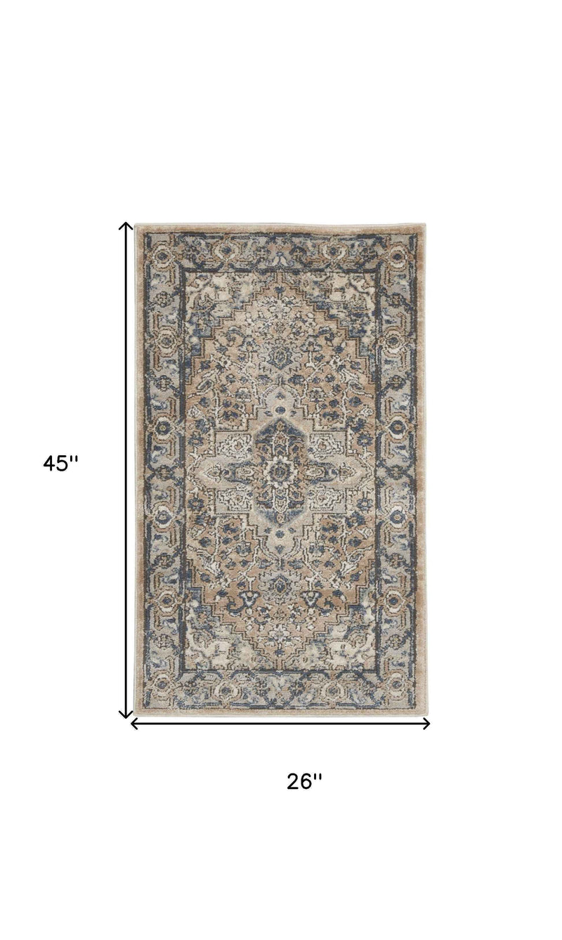 2' X 4' Beige And Grey Oriental Power Loom Non Skid Area Rug