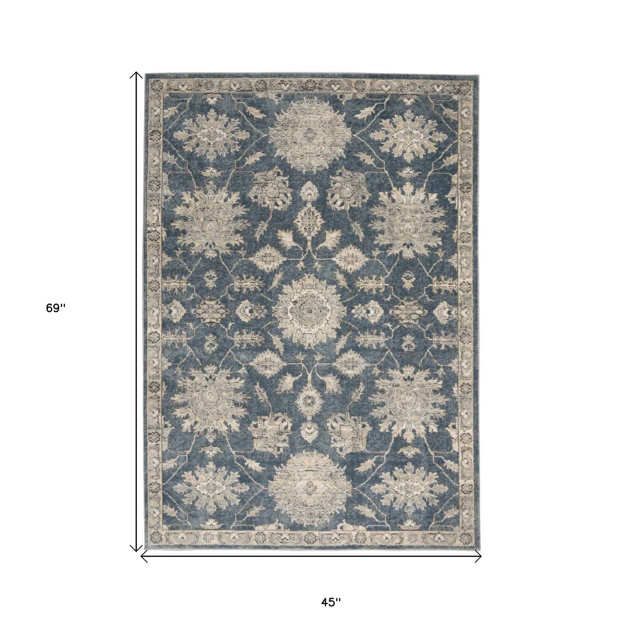 4' x 6' Blue and Beige Oriental Power Loom Non Skid Area Rug
