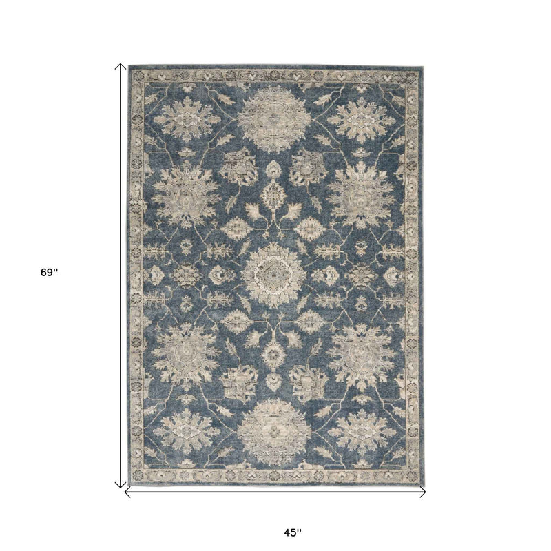 4' x 6' Blue and Beige Oriental Power Loom Non Skid Area Rug
