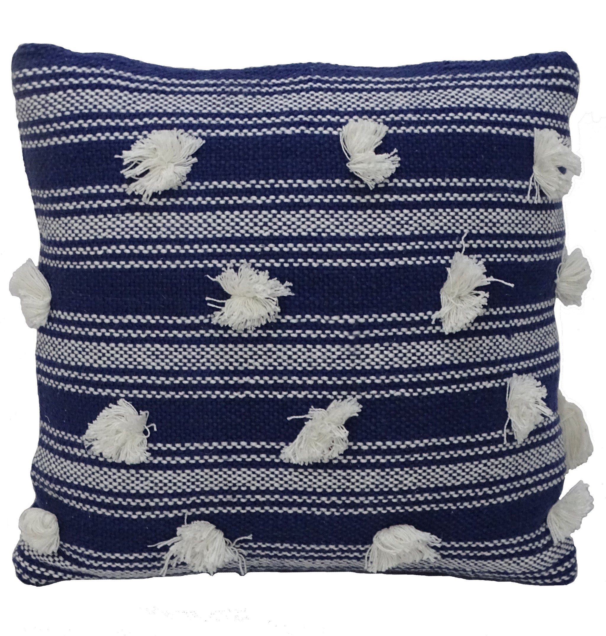 20" X 20" Navy and White Striped Textural Throw Pillow With Pom Poms - Home Decor