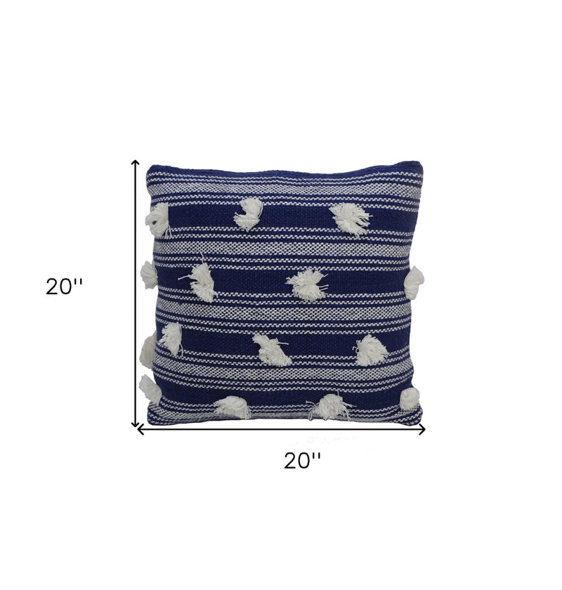 20" X 20" Navy and White Striped Textural Throw Pillow With Pom Poms - Home Decor