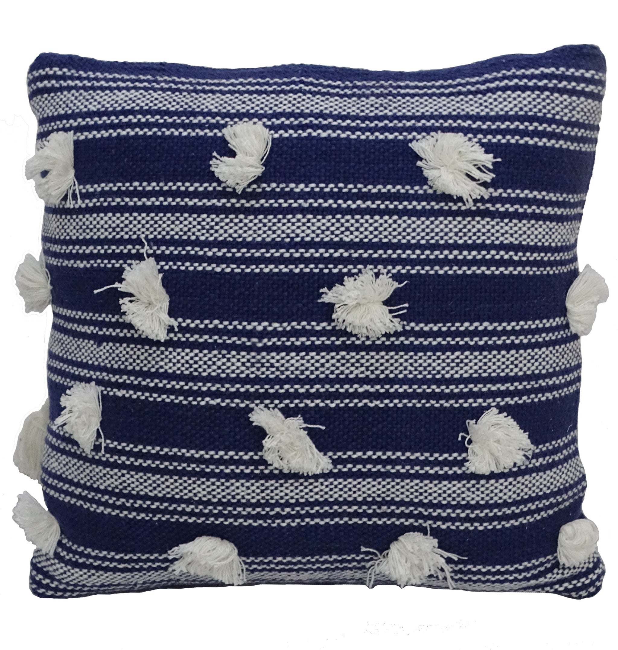 20" X 20" Navy and White Striped Textural Throw Pillow With Pom Poms - Home Decor