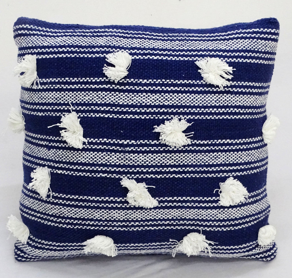 20" X 20" Navy and White Striped Textural Throw Pillow With Pom Poms - Home Decor