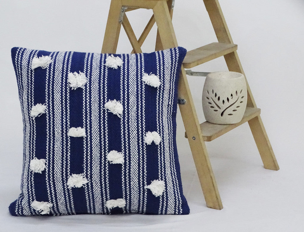 20" X 20" Navy and White Striped Textural Throw Pillow With Pom Poms - Home Decor