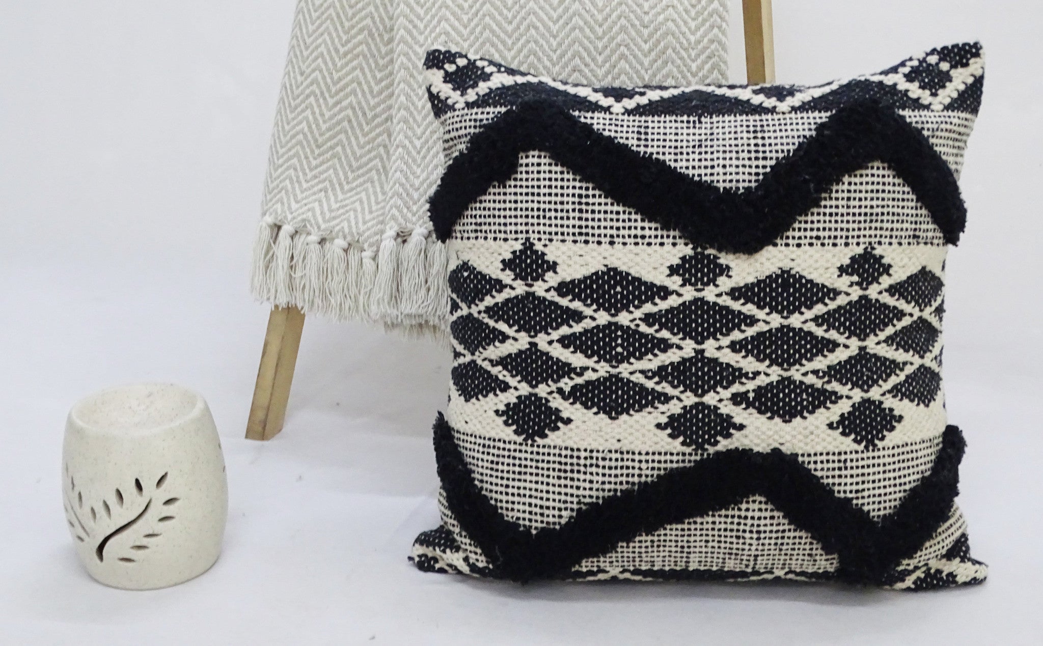 20" X 20" Black and White Chevron Textural Cotton Blend Throw Pillow - Home Decor