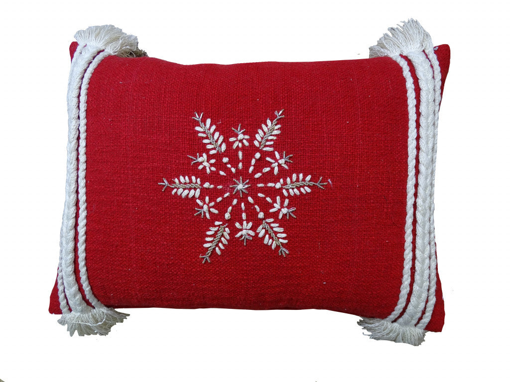 14" X 20" Red Zippered Cotton Blend Christmas Snowflakes Throw Pillow With Embroidery - Home Decor