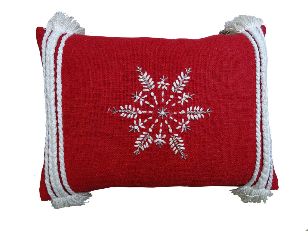 14" X 20" Red Zippered Cotton Blend Christmas Snowflakes Throw Pillow With Embroidery - Home Decor