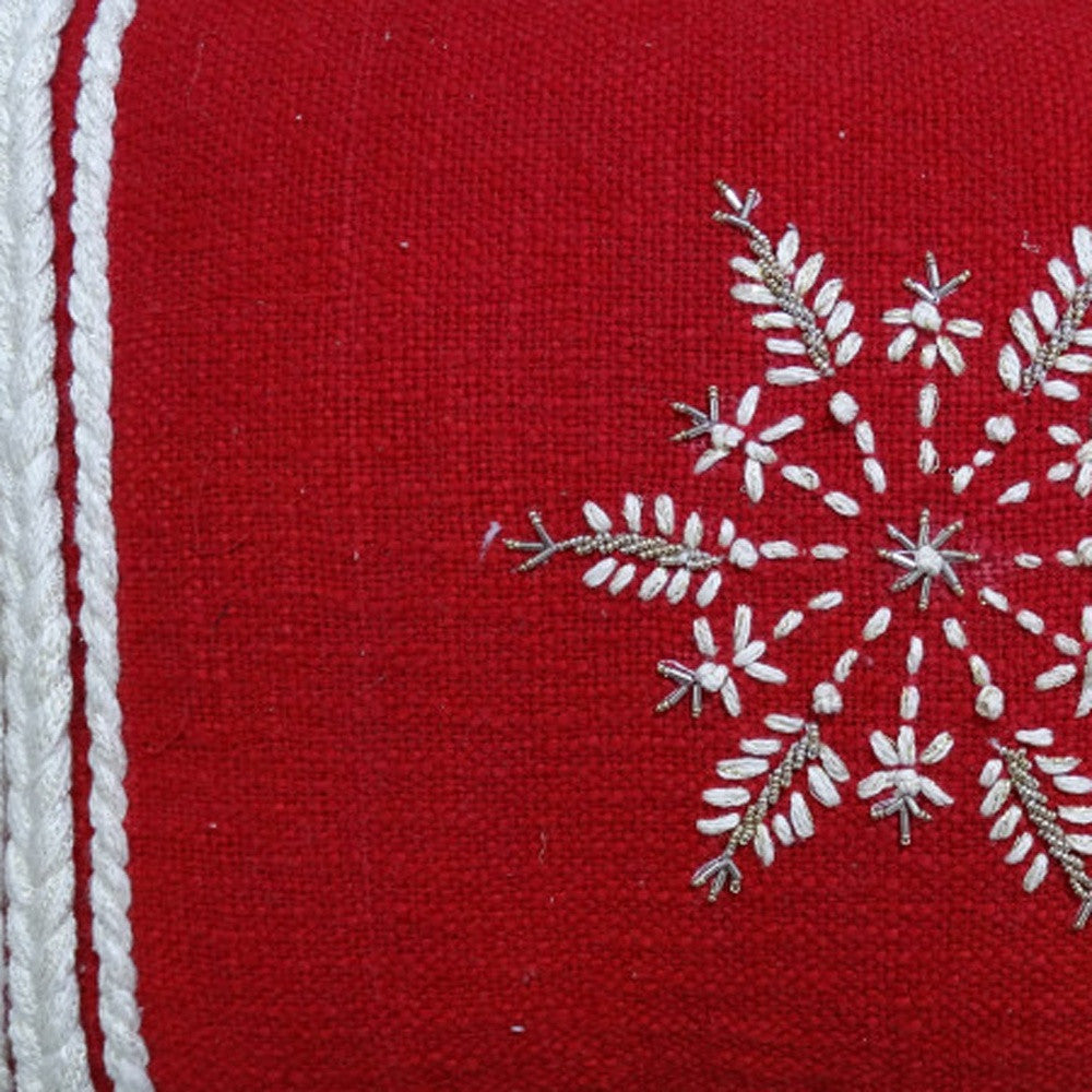 14" X 20" Red Zippered Cotton Blend Christmas Snowflakes Throw Pillow With Embroidery - Home Decor