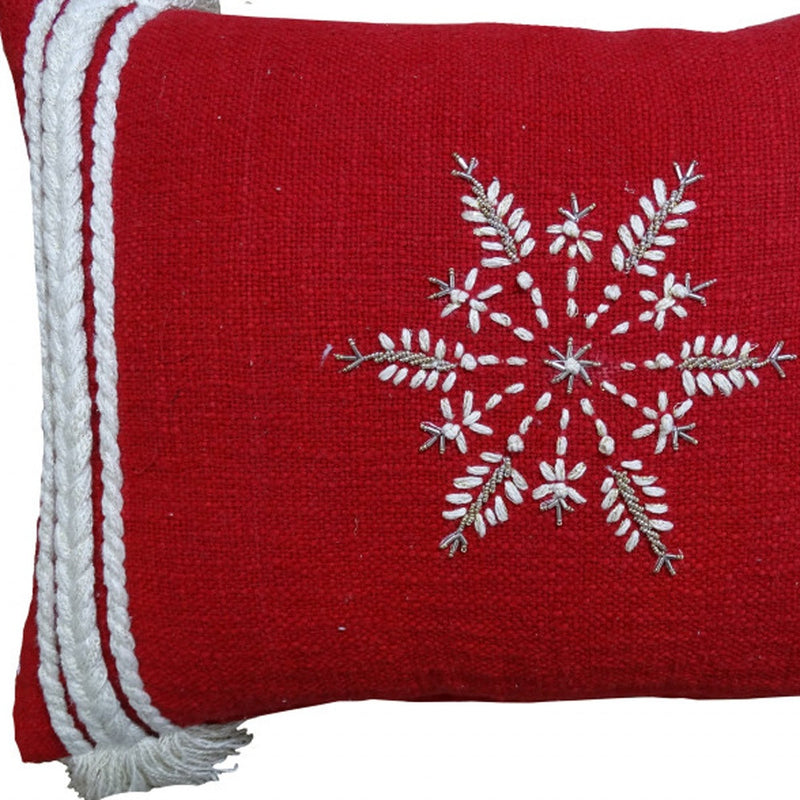 14" X 20" Red Zippered Cotton Blend Christmas Snowflakes Throw Pillow With Embroidery - Home Decor