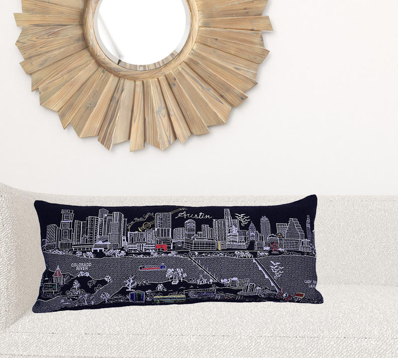 35" Black Austin Nighttime Skyline Lumbar Decorative Pillow