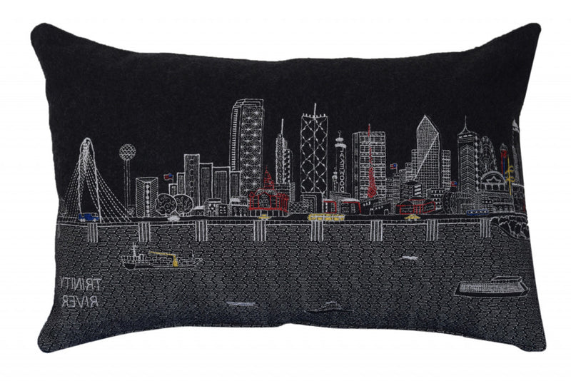 24" Black Dallas Nighttime Skyline Lumbar Decorative Pillow