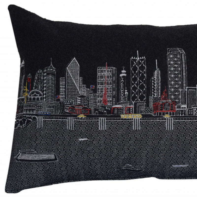 24" Black Dallas Nighttime Skyline Lumbar Decorative Pillow