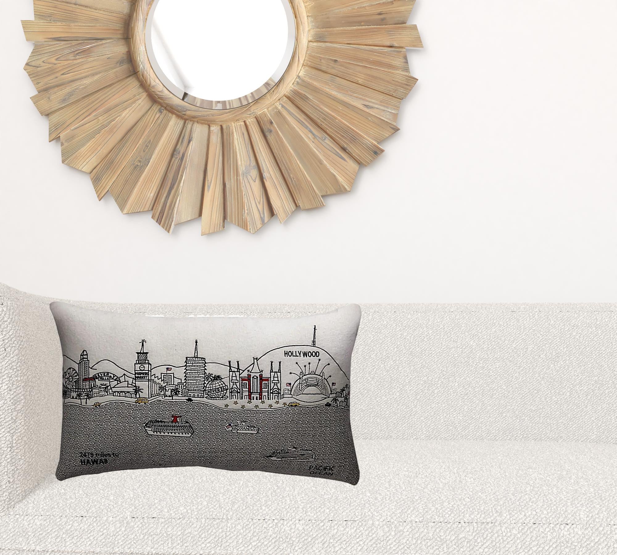 24" White Los Angeles Daylight Skyline Lumbar Decorative Pillow