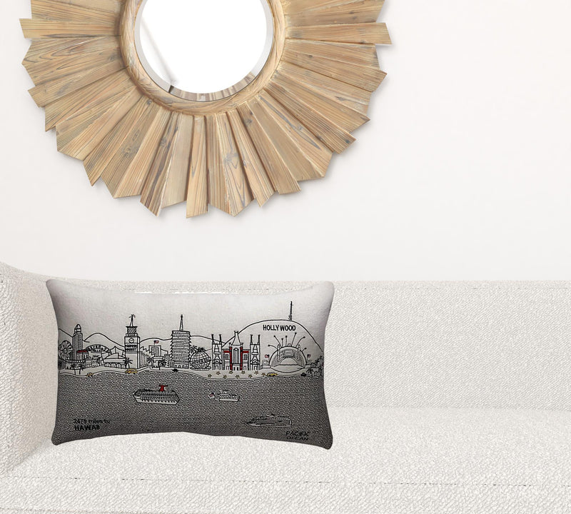 24" White Los Angeles Daylight Skyline Lumbar Decorative Pillow