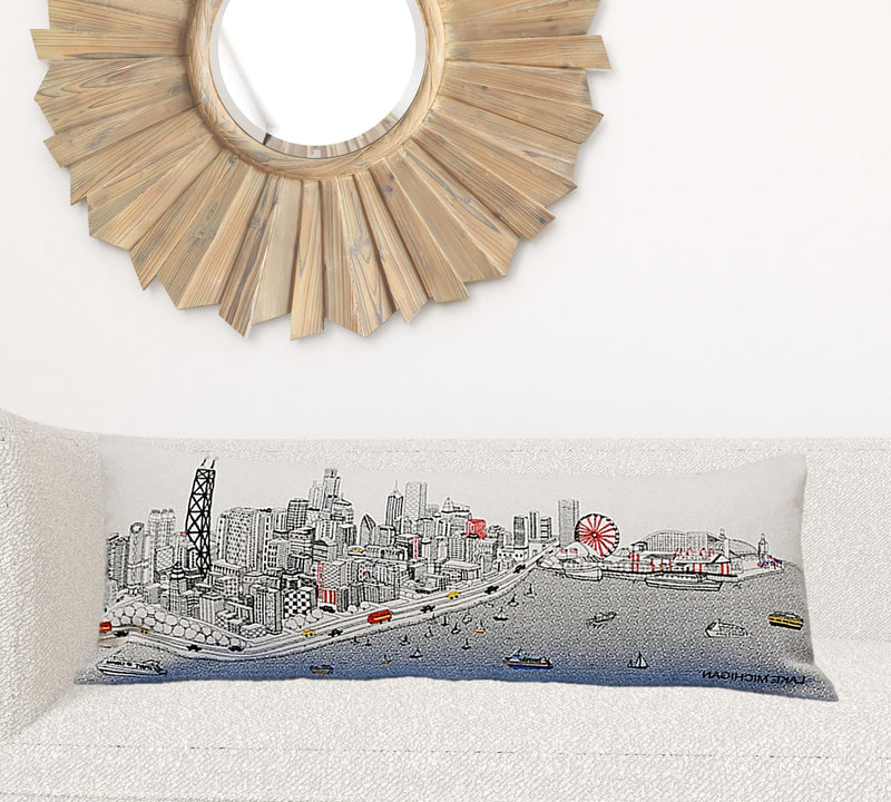 35" White Chicago Daylight Skyline Lumbar Decorative Pillow
