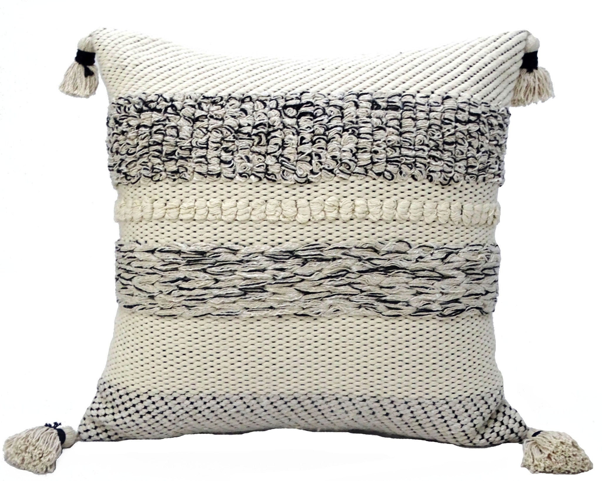22" X 22" White And Black Zippered Cotton Blend Ribbed Throw Pillow With Tassels - Home Decor