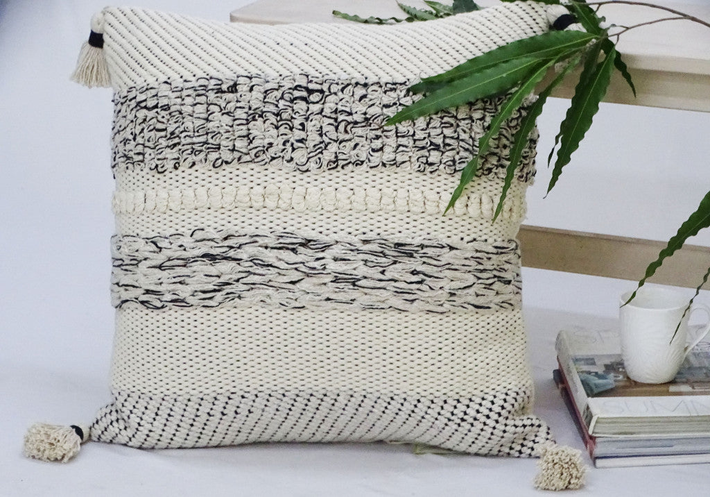22" X 22" White And Black Zippered Cotton Blend Ribbed Throw Pillow With Tassels - Home Decor